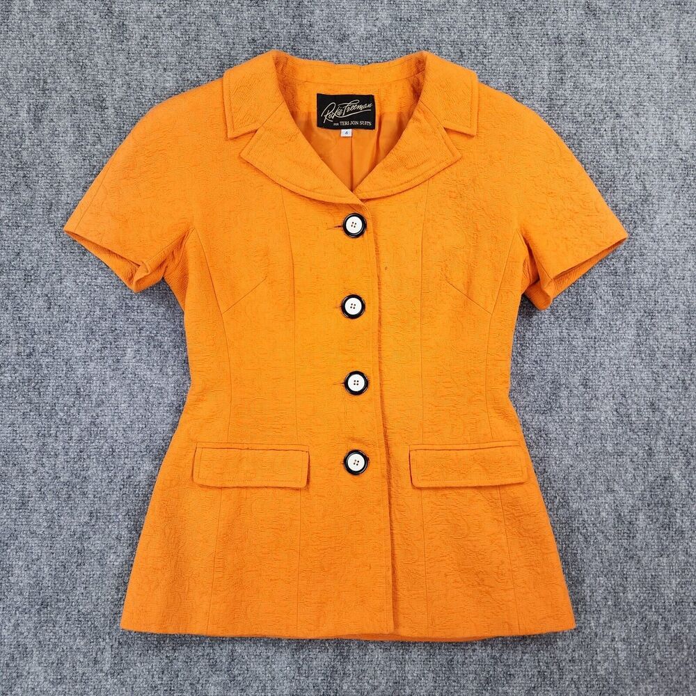 Vintage Teri Jon Rickie Freeman Blazer Womens 4 Orange Floral Inlay Short Sleeve